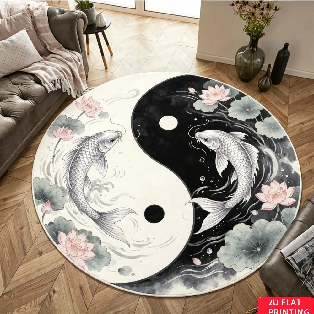 Yin Yang Dragon And Cherry Blossom Round Printed Carpet Zen Living Room Bedroom Home Decor Non Slip Floor Mat Area