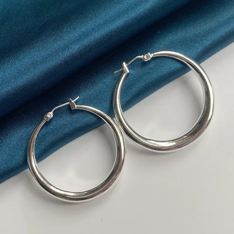 Wysokiej jakości 925 Sterling Silver 35MM proste kółko kolczyki dla kobiet ślub magiczne kolczyki żona prezent urodzinowy biżuteria