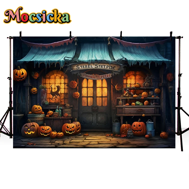 Mocsicka Halloween Scary Store Backdrop For Trick-Or-Treating Kids Photography Background Pumpkin Lantern Decoration Props