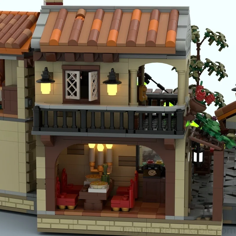 4310PCS MOC Mediterranean Style Terrace Restaurant Building Blocks Scene Desktop Display Ornament For Adults Gifts Collection