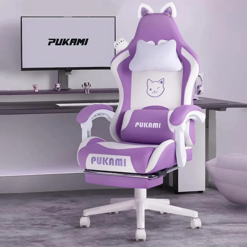 Chair with Cat Ears, Ergonomic Computer Chair for Girls with Footrest, Headrest, and Cat Paw Lumbar Cushion