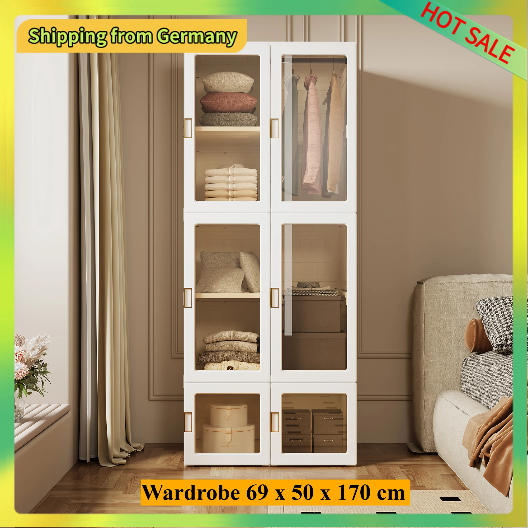 Armadio Comanlai 170 cm, armadio multiuso pieghevole con ante e asta trasparenti, armadio in plastica per camera da letto, 69x50x170 cm