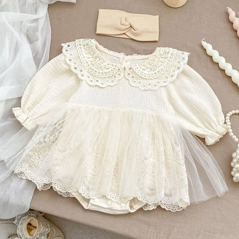 2024 New Autumn Newborn Baby Girls Bodysuits Long Sleeved Cotton Lace Splicing Infant Baby Girls Jumpsuit 0-24M Children Clothes