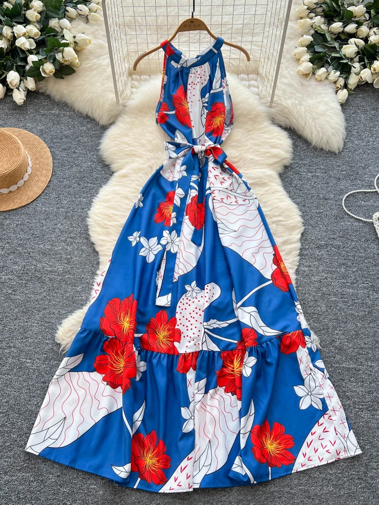 Boho-Damen-Sommerkleid mit Neckholder, Blumendruck, Bandage, Maxi-langes Kleid, lässig, Rüschen, Vestidos, schick, 2025, elegantes Strand-Urlaubskleid