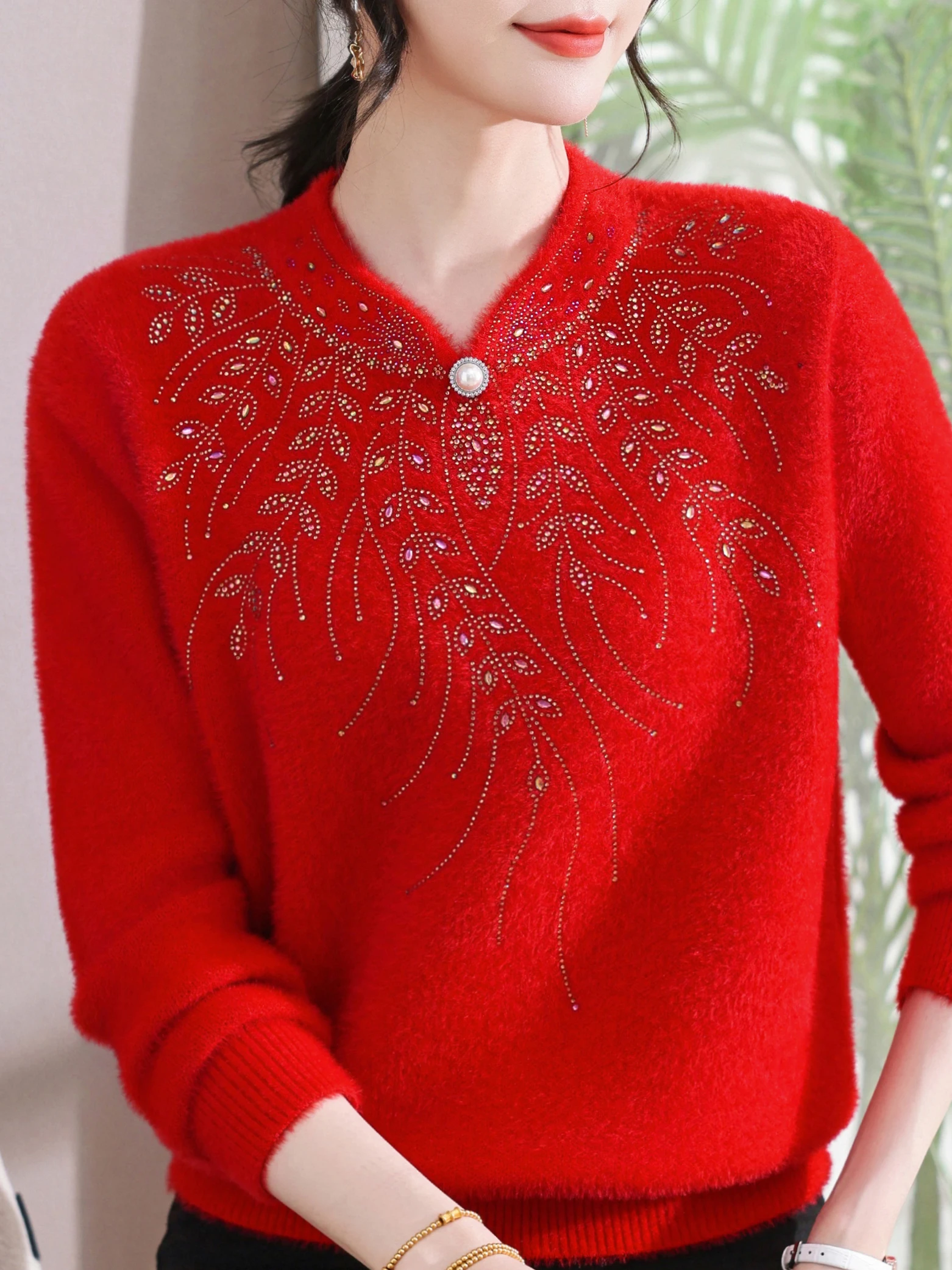 

Thiened Knitted Base irt Mommy Sle Stand Collar Red Sweater Warmth for Middle Aged And ly Women New Winter Faion