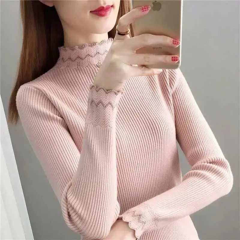 Women\'s Spring and Autumn New 2023 Fashion Half High Collar Lace Solid Color Long Sleeved Pullover Sweater Bottom Knitted Tops