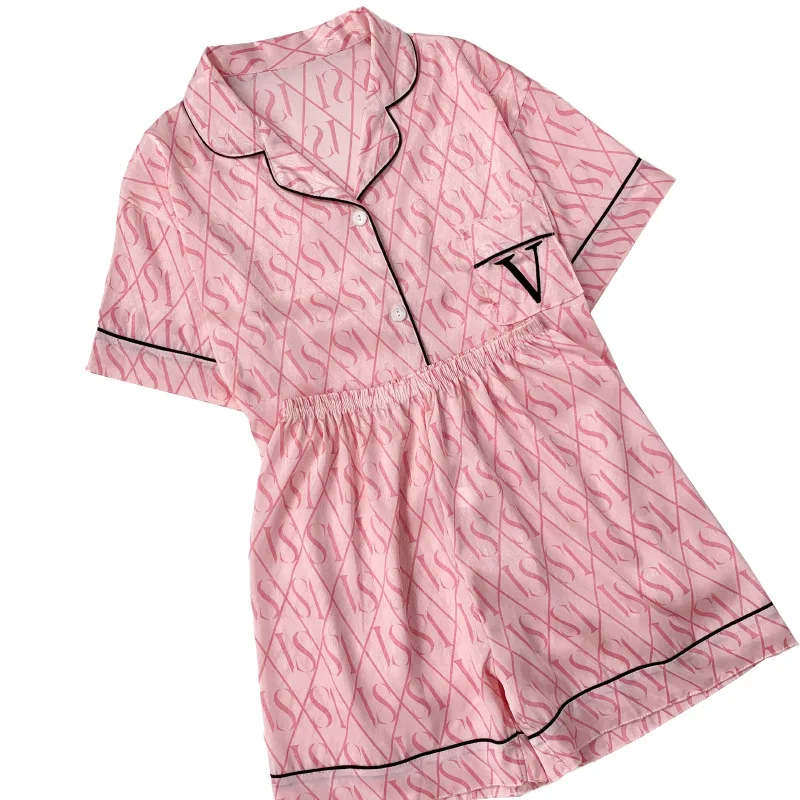 Pijamas con estampado de letras rosas para mujer, novedad de primavera y verano, ropa informal de seda de manga corta para el hogar, conjunto de