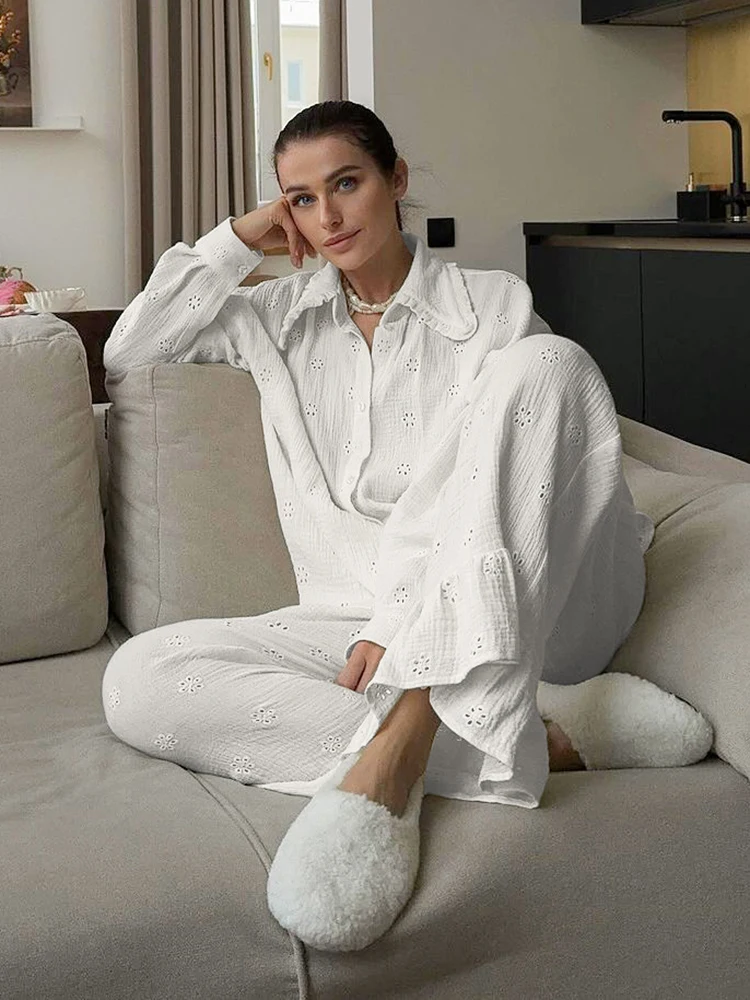 Hiloc Summer White Cotton Long Pants Sleepwears Women 2 Pieces Fashion Loose Solid Blouses Casual Ruffled Pants Pajamas Female