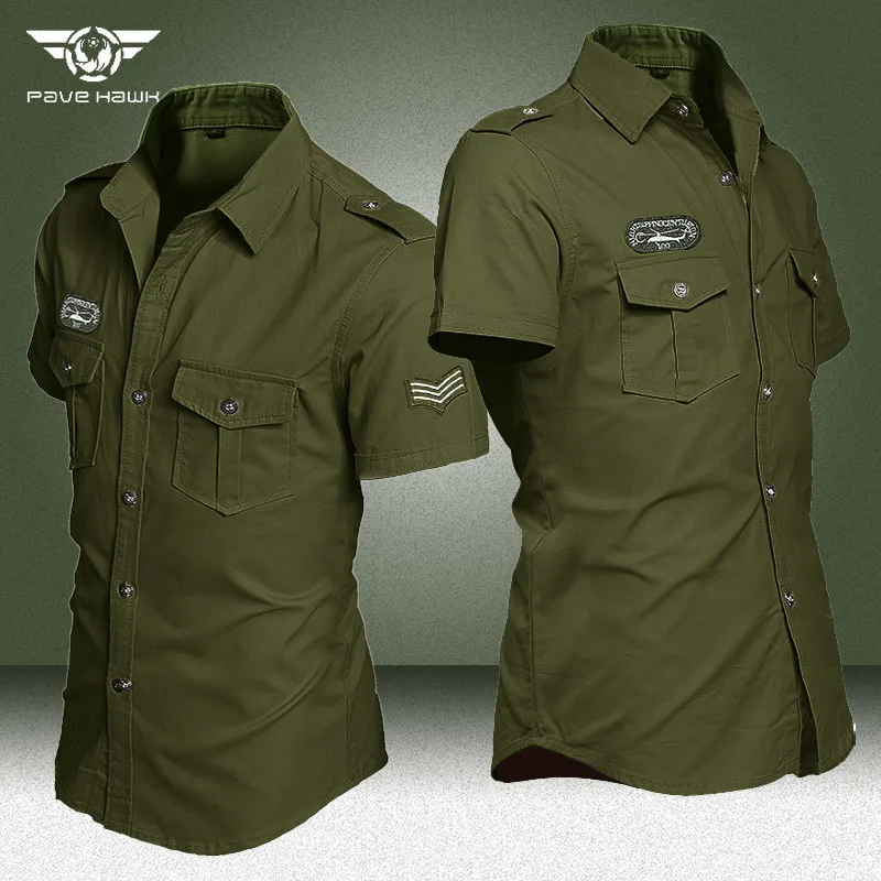 Military Cargo Shirts Men Big Size 6XL Summer Short Sleeve Embroidery Bomber Shirt Outdoor Pilot Multi-pocket Wear-resistant Top