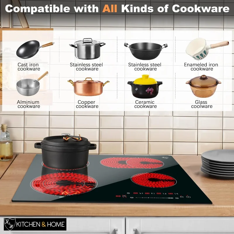 K&H 4 バーナー 24 インチビルトイン電気ストーブトップ放射セラミッククックトップスライダータッチコントロール 240V 7200W CE24-7206SL