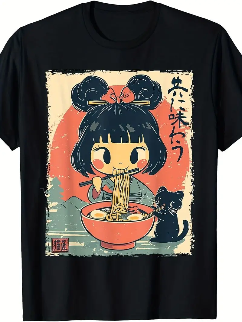 Adorable Kawaii Japanese Girl And Cat Enjoying Ramen on an Anime-Themed T-Shirt. Unisex Design for Both Men And Women, Perfect for Summer 2025, Featuring Short Sleeves And Made from 220G Pure