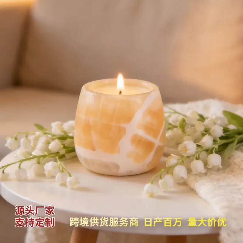 Natural Yellow Jade Aromatherapy Candle Holder Marble Texture Healing Cup Home Decor Ornament for Living Room Atmosphere Gift