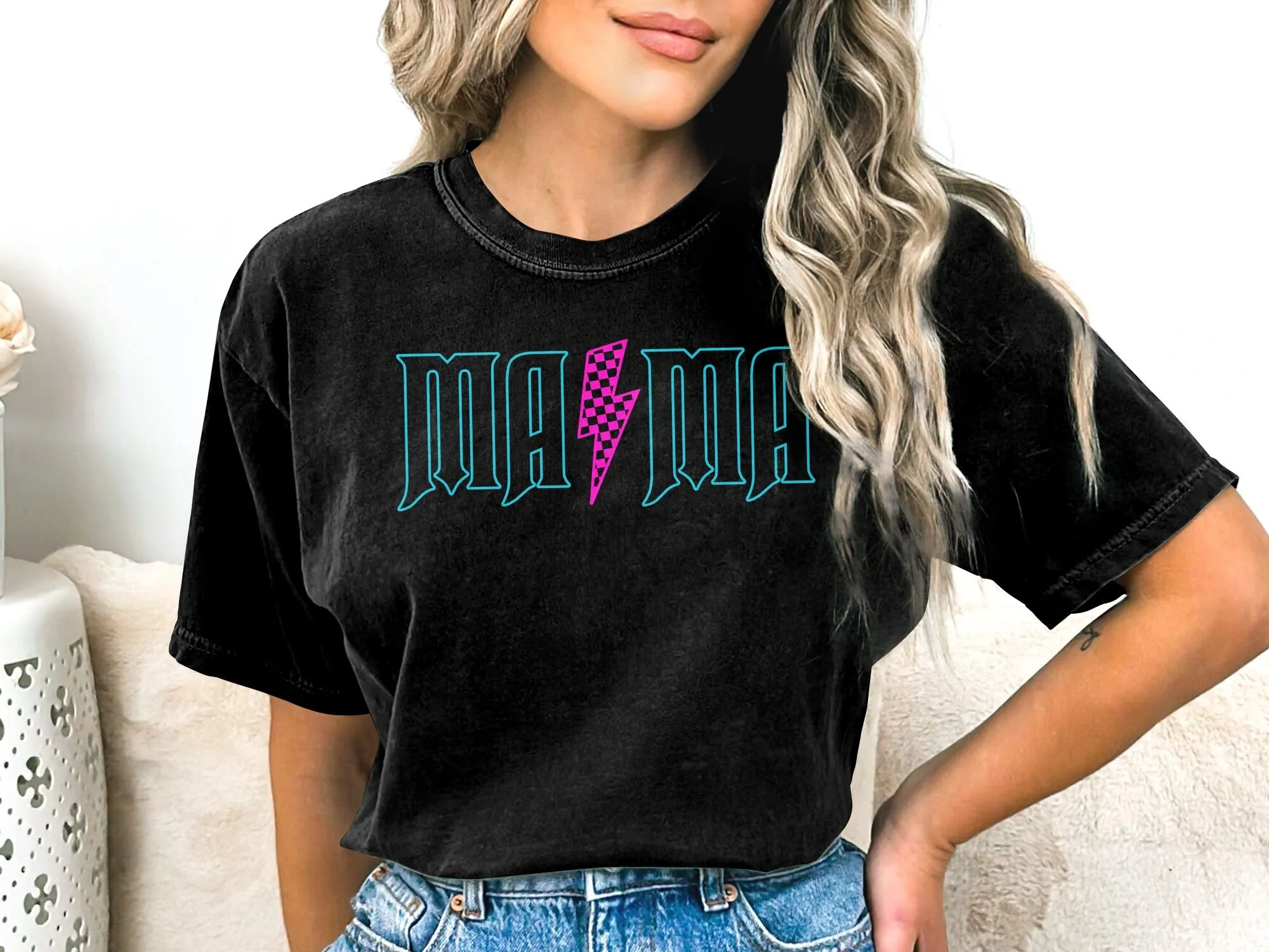 Retro Mama Lightning Bolt T Shirt Vintage Style Mother Cool Mom Casual Women'S Clothing Handmade