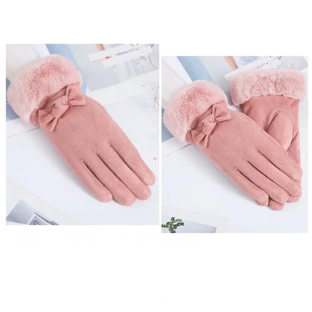 Lady Outdoor Gloves Winter Gloves for Women Plush Soft Five Finger Design with Bow Decor Windproof Heat Retaining for Cycling