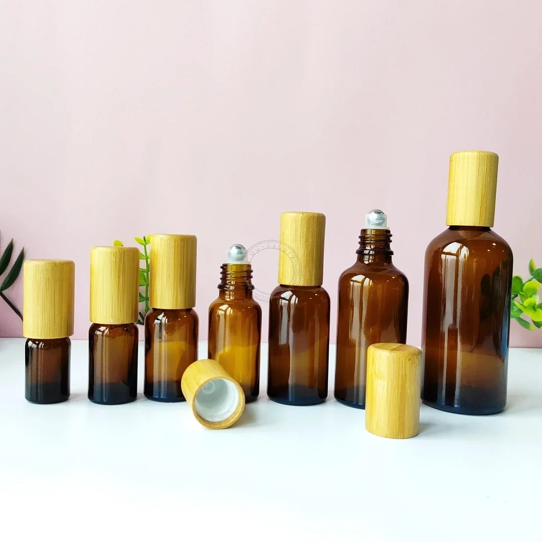5/10/15/20/30/50/100ml Amber Blue Glass Refillable Essential Oil Bottles Vials Natural Bamboo Lids Travel Makeup Small Container