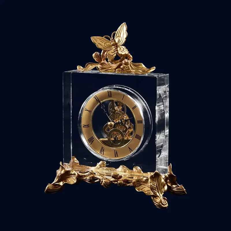 New Design Home Decor European Mechanical Transparent Crystal Golden Copper Desk Table Clock