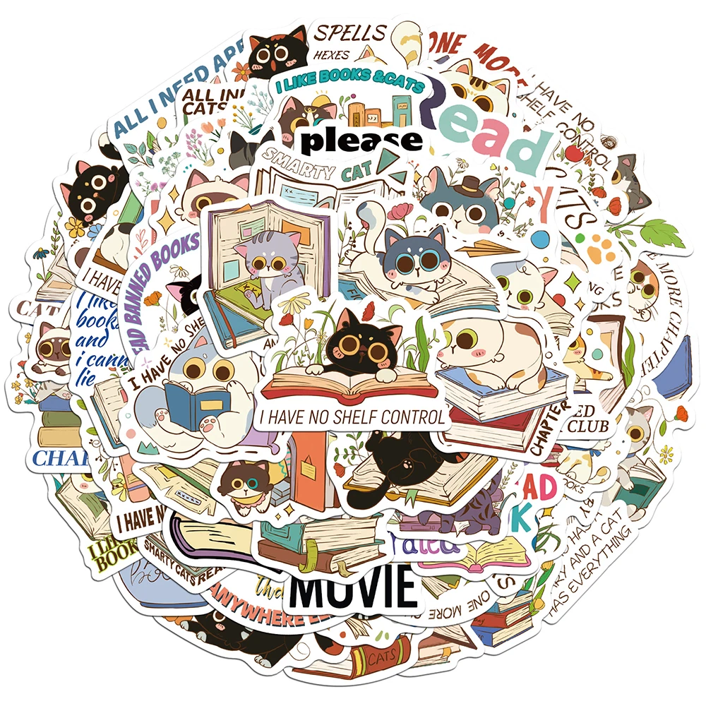 

10/30/60pcs Cute Reading Cats and Books Stickers Kawaii Creative Cartoon Decals DIY Skateboard Phone Diary Graffiti Sticker Gift