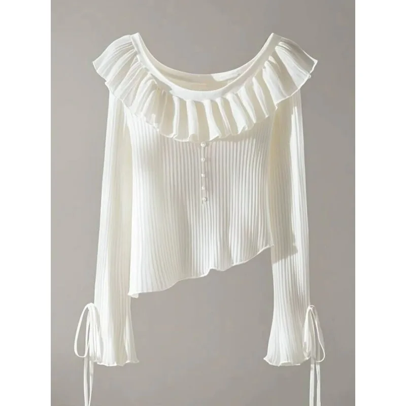 2024 Autumn New Korean Style Niche Lotus Leaf Adjustable Round Neck Knitted Sweater Pullover Ins Sweet Slim Fit Long-sleeved Top
