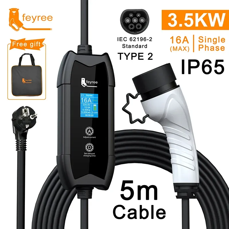  feyree EV Charger Type2 16A 3.5kW Portable Charging Box 5M Cable GBT Socket Type1 J1772 Adapter for Electric Vehicle Car Charger 