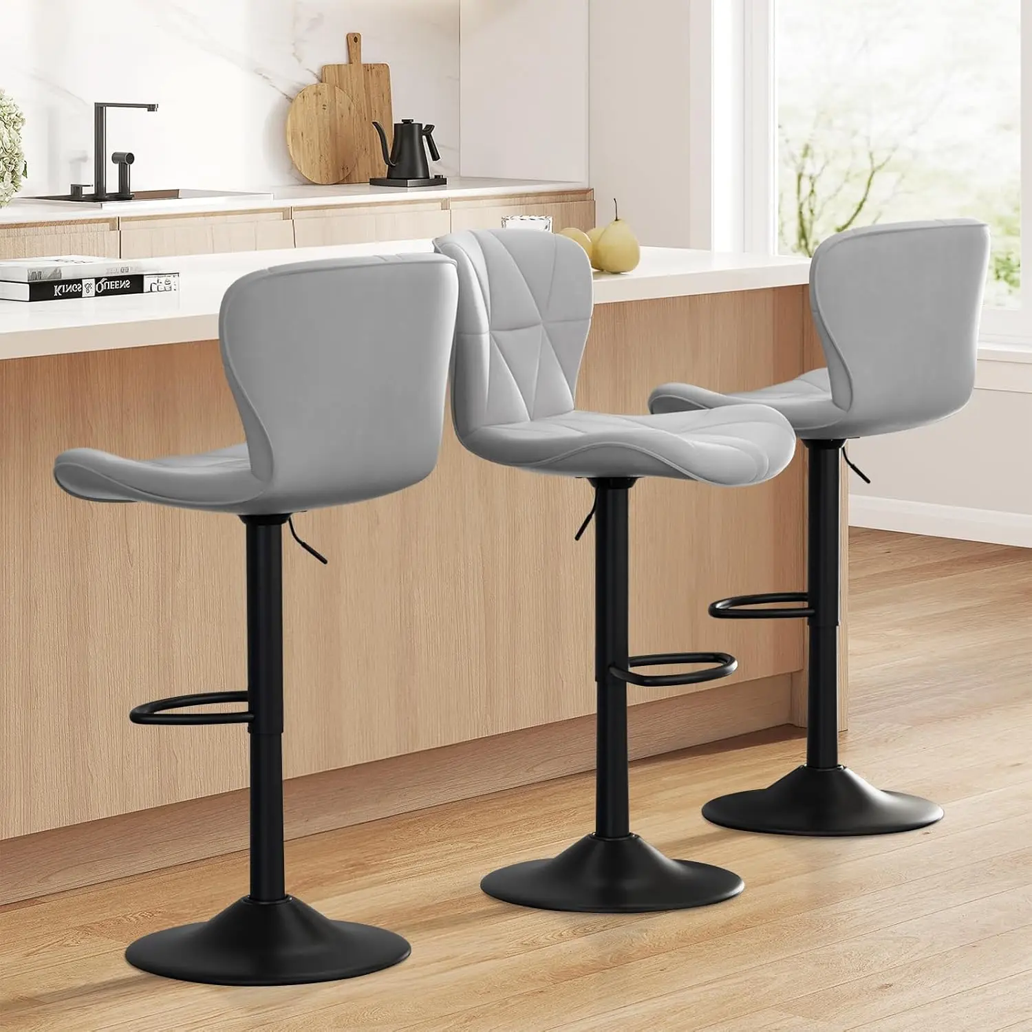

Bar Stools Set of 3,Adjustable Swivel Barstools, Faux Leather Bar Chairs,Upholstered Counter Height with High Backrest