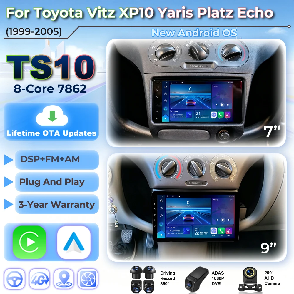 Android 16 For Toyota Vitz Yaris Echo 1999-2005 Carplay Auto Car Radio Multimedia Video Player Navigation GPS No 2Din 2 Din DVD