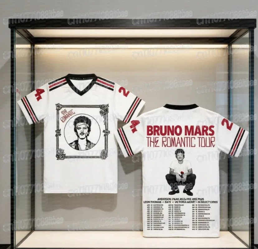 Bruno Mars The Romantic Tour 2026 V-neck Short Sleeve Loose Male Tees Summer Streetwear 3D Print Design Merch FamilyMatching