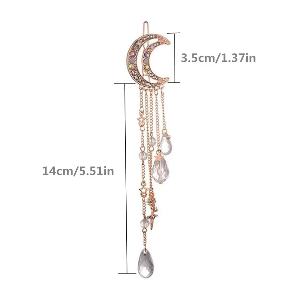 Vintage Crystal Moon Shape Hair Clips Women Star Barrette Long Chain Beaded Dangle Tassel Hairpins Bridal Hair Accessories