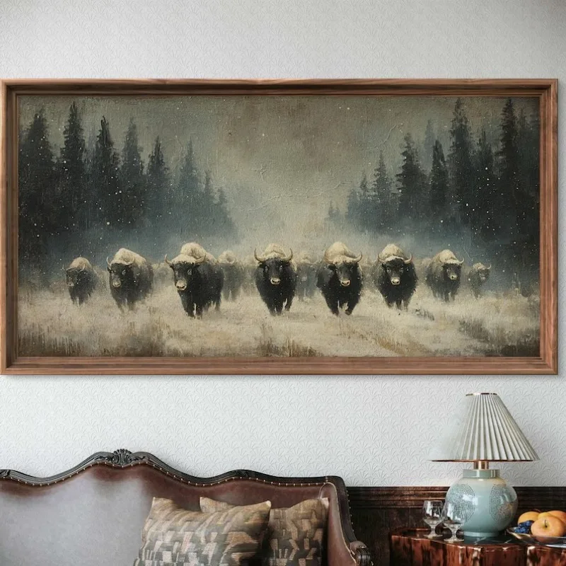 Vintage Rustic Western Cow Cattle Herd,FYak Herd in The Snow Poster Canvas Painting Wall Art Pictures Home Room Decor