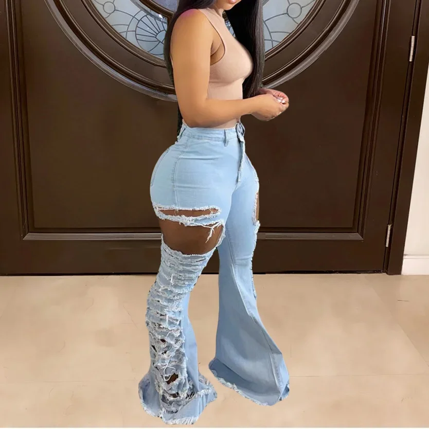 Women Jeans African Mid Waist Ripped Elastic Sheath Full Length Denim Flare Pants Female Fashion Casual Trousers Autumn 2024