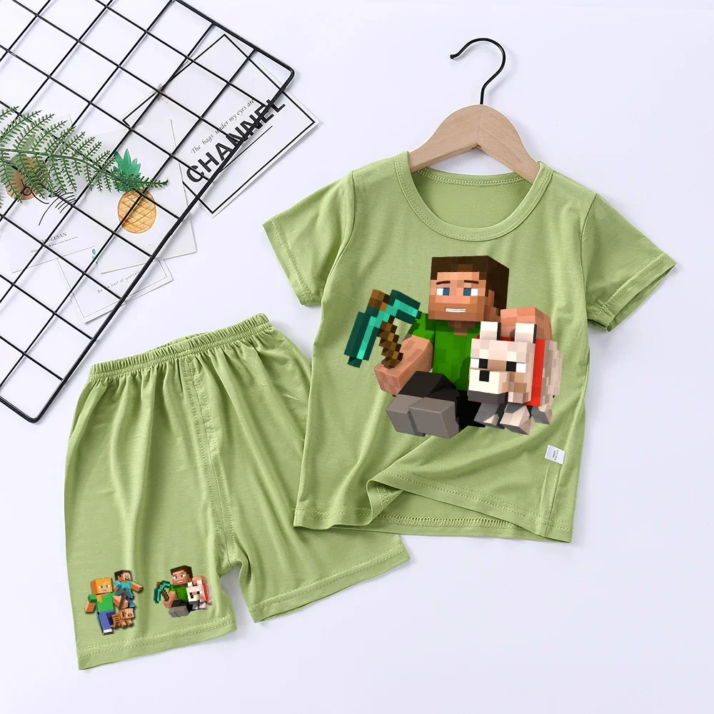 Miner Crafting Pixel Children T Shirt Tops Suit Cute Anime Nightclothes Clothes Pants Nighty Pajamas Short Kids Birthday Gifts