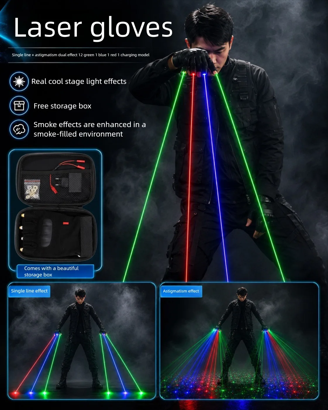 RGB Laser Gloves for Party Bars, Stages, DJs, and Dance Parties, Featuring 2 Green, 1 Red, and 1 Blue LED Light Effects; Ideal f