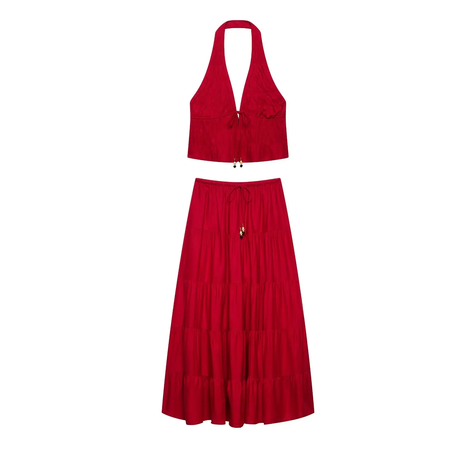 HH Elegantes Damen-Set in Rot, 2-teilig, mit Neckholder-Crop-Top und Stufenrock, Sommer-Outfit für Hochzeitsgäste und Urlaub – Detail 3