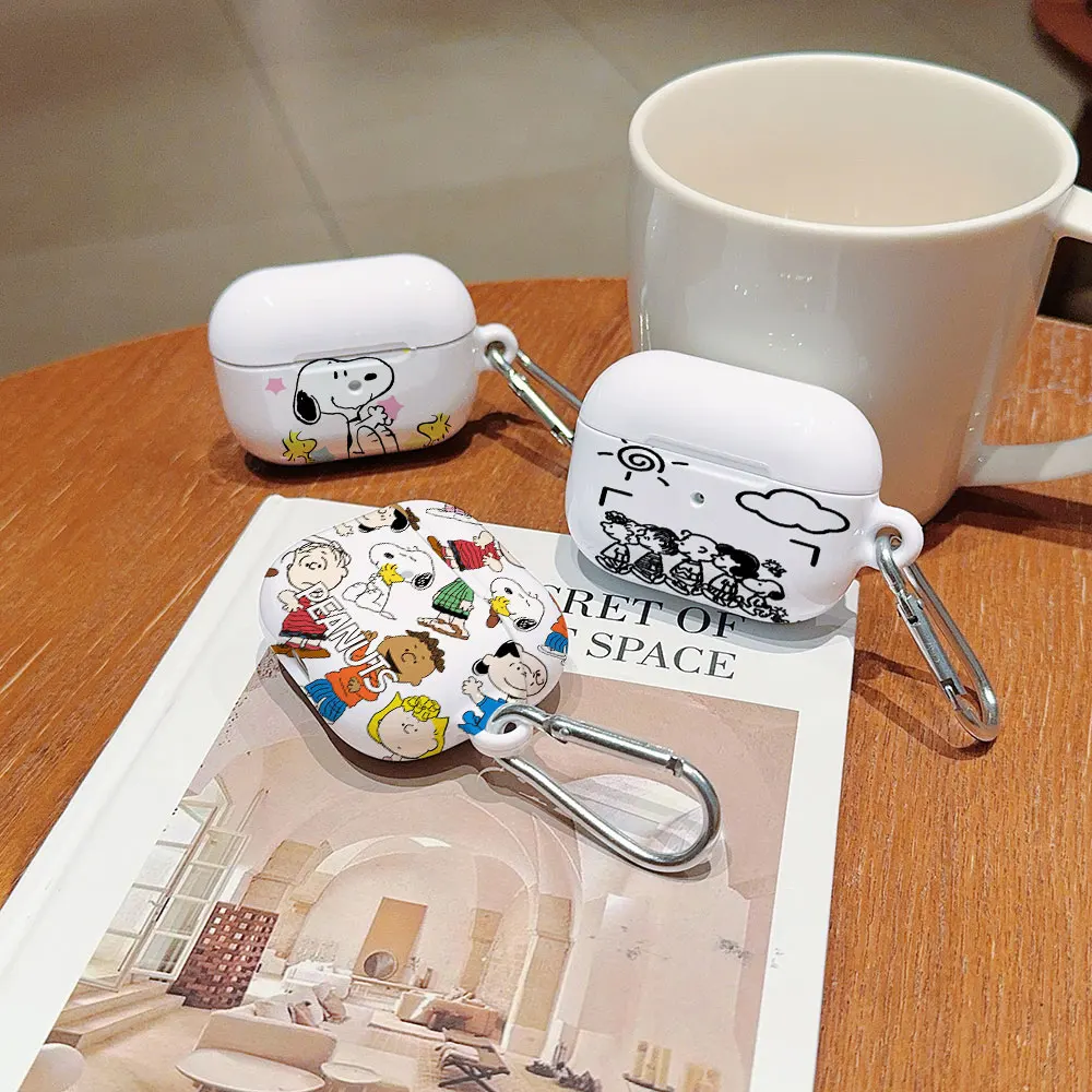 Cute Cartoon S-Snoopys Shockproof Protective Glossy HD Hard PC Earphone Cover Case For AirPods 1 2 3 4 Pro Pro2 with Metal Hook