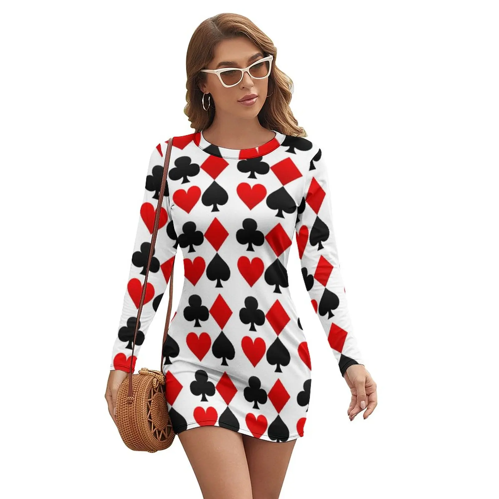 Playing Poker Card Bodycon Dress Spring Hearts Diamonds Clubs Spades Retro Dresses Female Long Sleeve Pattern Street Style Dress