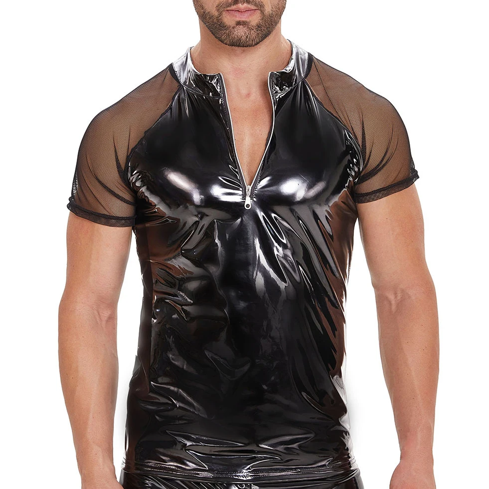 Men Black Wet Look Mesh PVC Leather Shirt Tops Short Sleeve Half Front Zipper T-Shirts Male Clubwear Latex Dance Stage Costumes