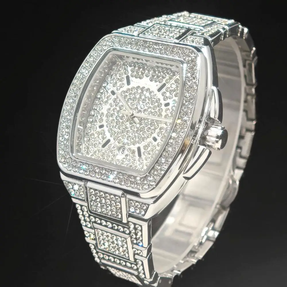 Luxury Gold Watch Men Brand UNIGUET Hip Hop Ice Diamond Quartz Clocks Male Fashion Tonneau Wristwatch With Calendar Dropshipping