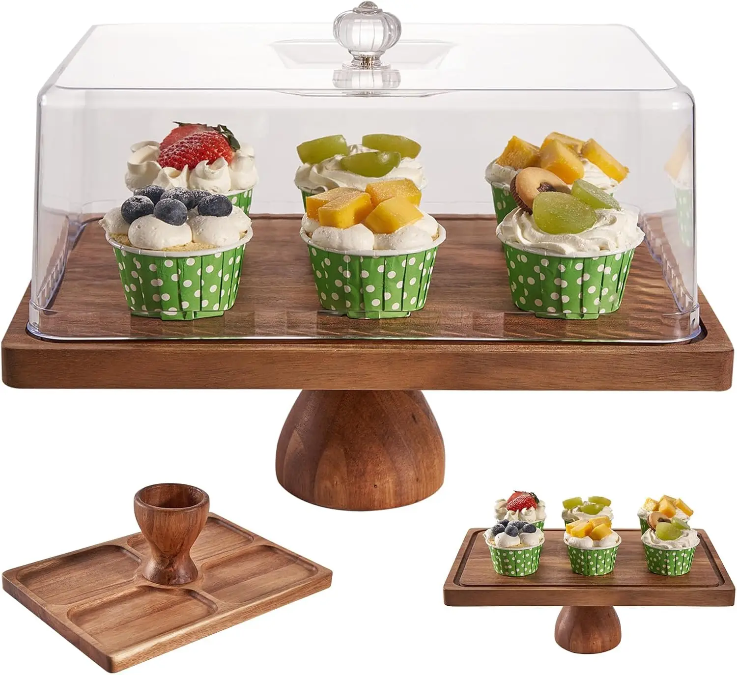 

13" Rectangular Acacia Wood Cake Stand with Lid, Reversible Design for Desserts and Snacks, Shatterproof Acrylic Cover