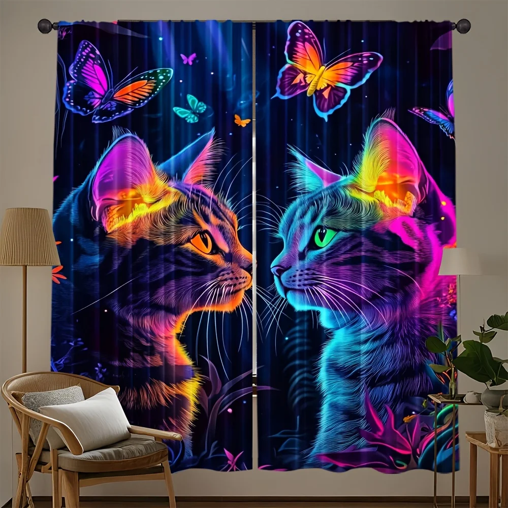 Neon Cat Curtain, Colorful Butterfly Window Drape, Psychedelic Pet Blackout Panel, Living Room Bedroom Home Decor