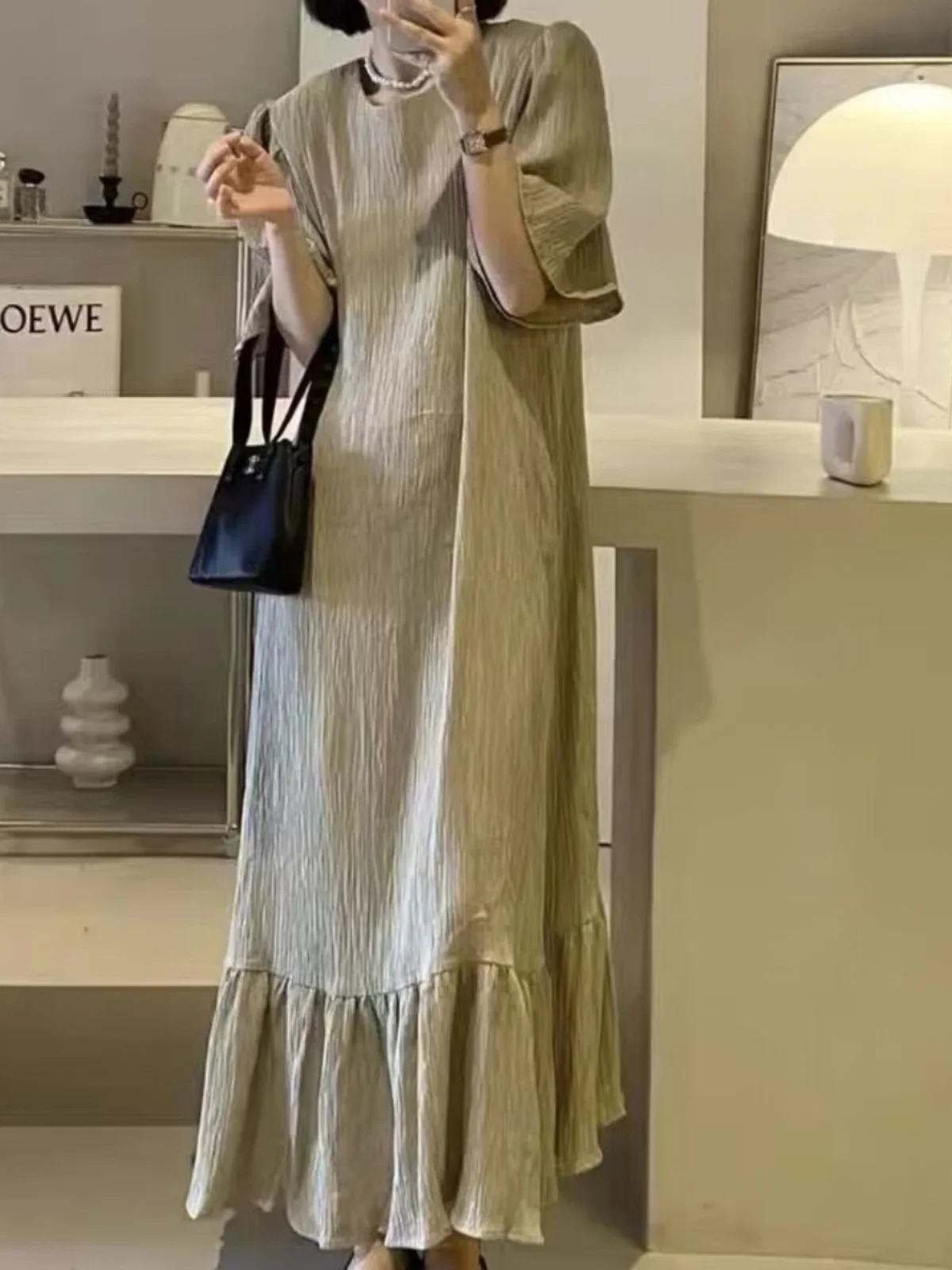 

Extra Large Size Summer Vintage Lazy Loose Texture Long Dr Knee-Length Casual Straight Cut ort Sve round Ne Dr