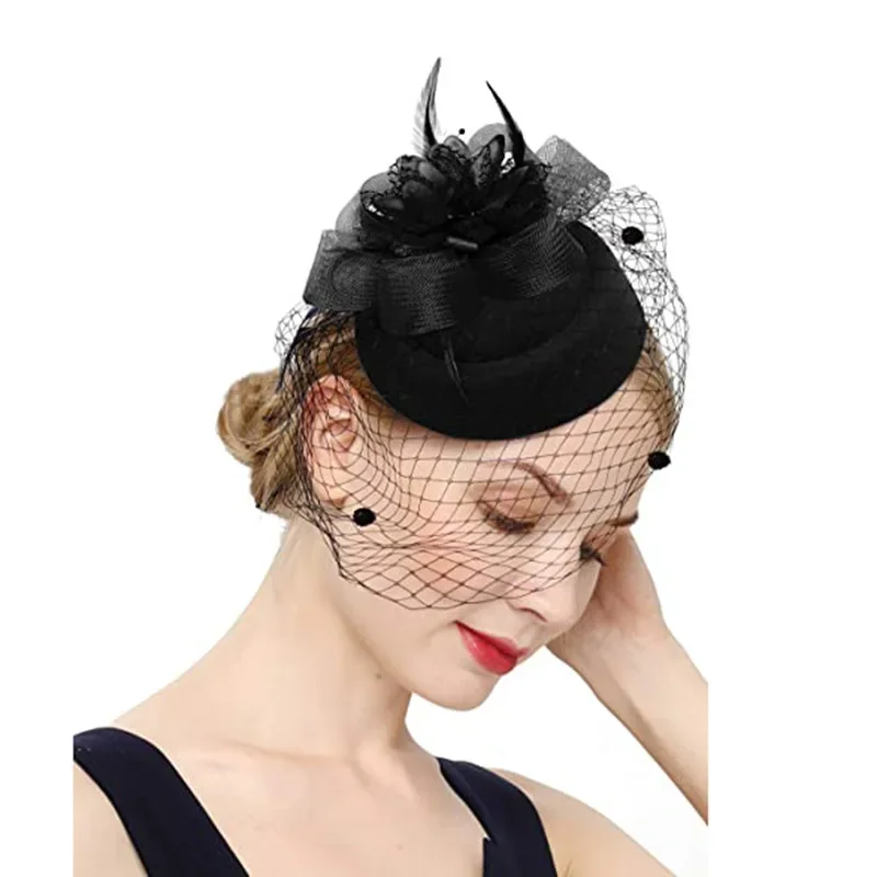 veils fascinator hats for women wedding and church Headwear Party Prom Bridal Feather Headdress Net Yarn Hairpin Head Flower