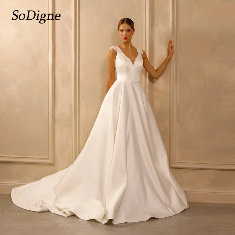 

SoDigne A-line Simple Satin Wedding Dresses Sleeveless Lace Appliques Wedding Gown 2025 Long Beach Bridal Dress Robe De Mairee