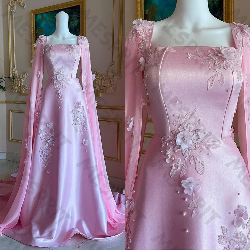 Customized Pink Satin Corner Wedding Dress 2026 Long Sleeves Square Collar Flower Stickers A-line Bridal Gown Party Princess