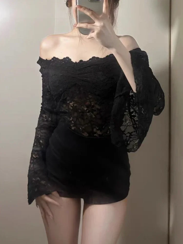 Aesthetic Vintage Skinny Solid 2 Piece Set Women Design Fashion Slim Lace Off Shoulder Tops Women + High Waist Thin Short Pants