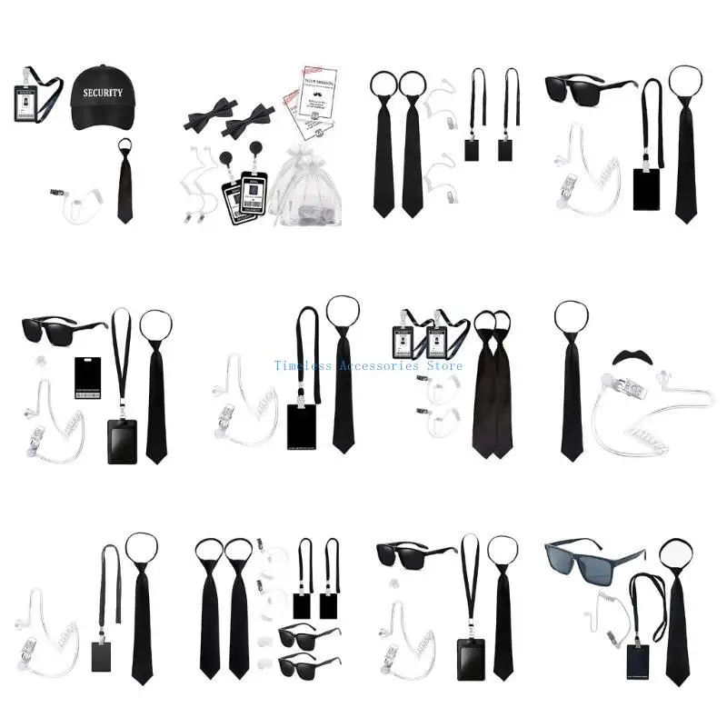 Accessori per outfit da agente segreto 97qe con auricolare degli occhiali neri e cravatta per il collo
