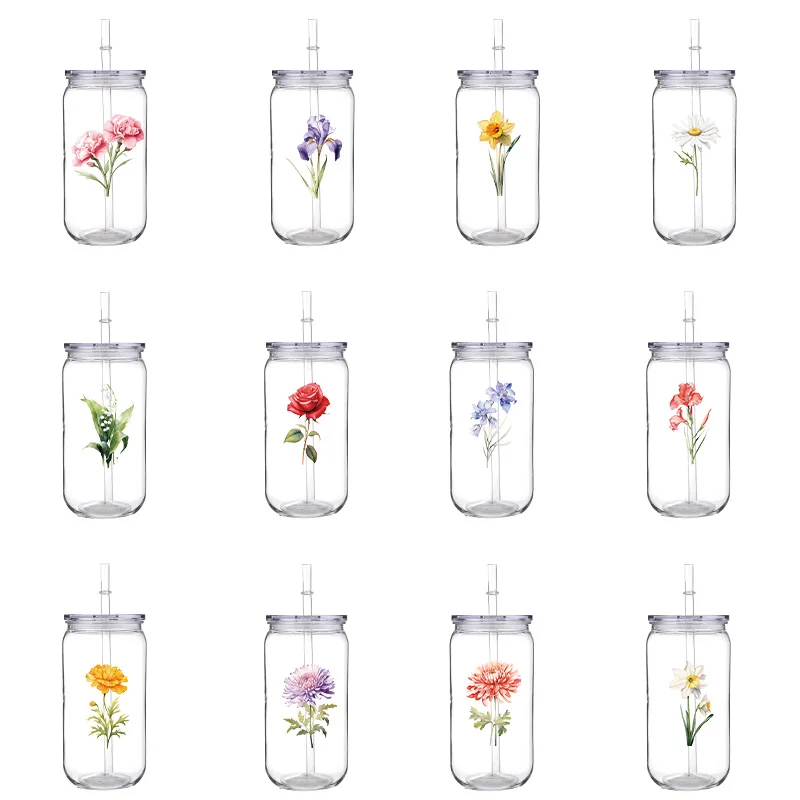 

12 Zodiac Flowers 16oz Printed PET Cup With Straw Transparent Lid Cup Can Be Used To Milk Coffee Drinks High Quality Cups