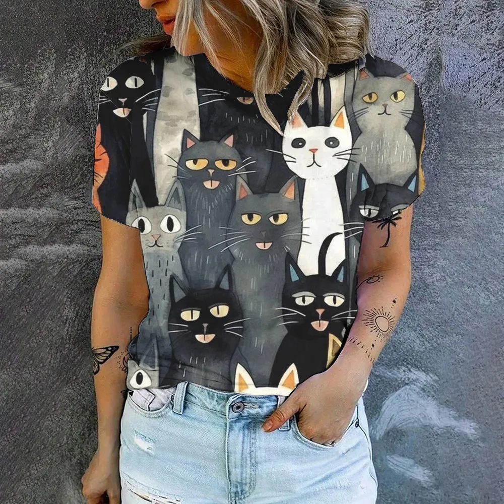 Cartoon Cat Print High Quality Crewneck T-shirt Summer Casual Breathable Loose T-shirt Street Fashion Simple Women\'s T-shirt Top