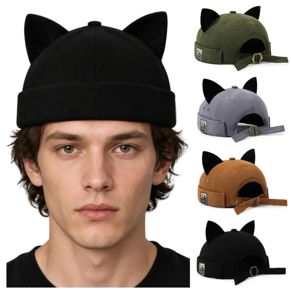 Basin Hat Cute Cat Ears Brimless Hat Adjustable Breathable Dome Melon Cap Without Brim Vintage Bucket Cap Streetwear