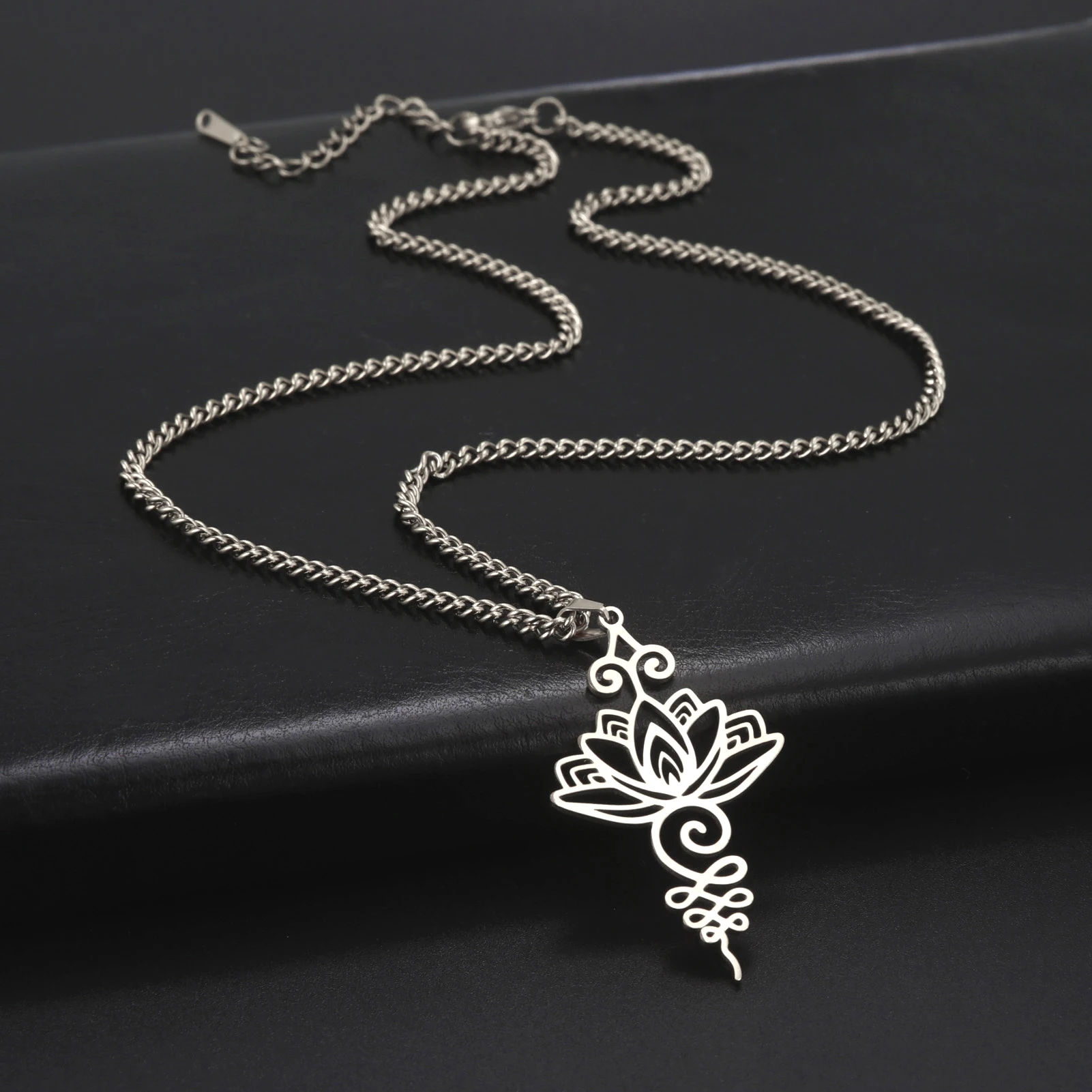 LIKGREAT Lotus Flower Pendant Necklace Unalome Chakra Symbol Amulet Yoga Healing Charms Valentine\'s Day Stainless Steel Jewelry
