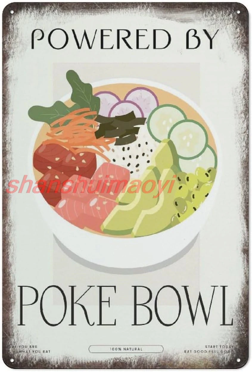 Póster artístico alimentado por Poke Bowl, póster del mercado de comida, comedor, diversión, oficina, arte de pared, cartel de café, Bar, letrero de estaño, decoración de cubículo, escritorio, sí