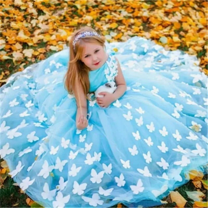 Flower Girl Dress Sleeveless Butterfly Pearls Round Collar Children Girl Wedding Birthday Party First Communion Holiday Gown